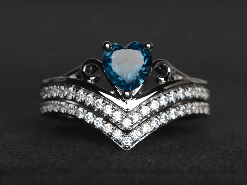 Heart Shaped London Blue Topaz Bridal Set Ring