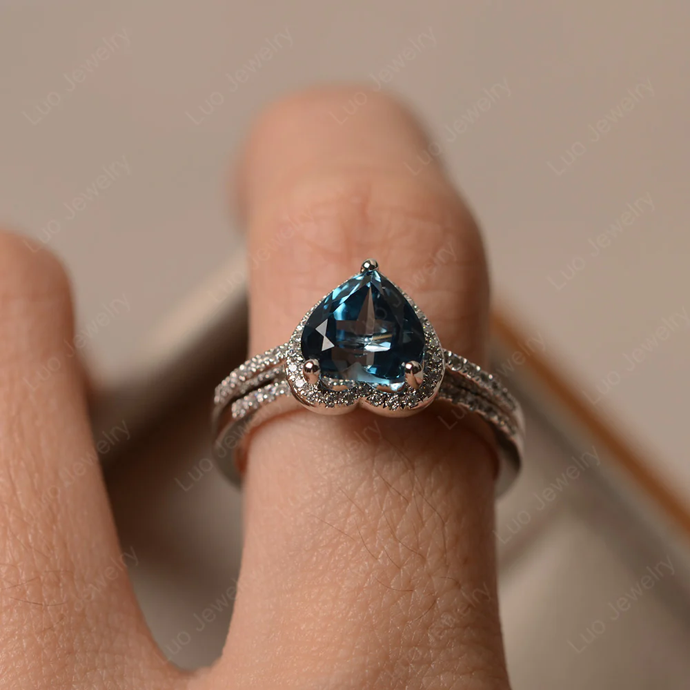 Heart Shaped London Blue Topaz Wedding Ring Set - Image 4