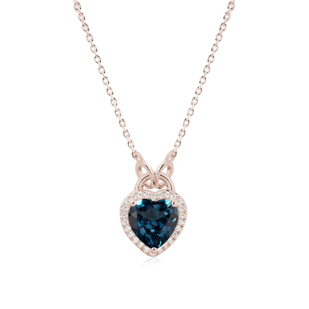 Heart Shaped London Blue Topaz Halo Pendant Necklace - Image 2