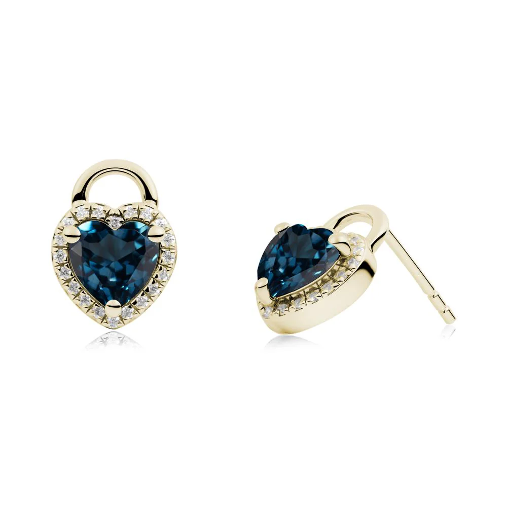 Heart Shaped London Blue Topaz Halo Stud Earrings
