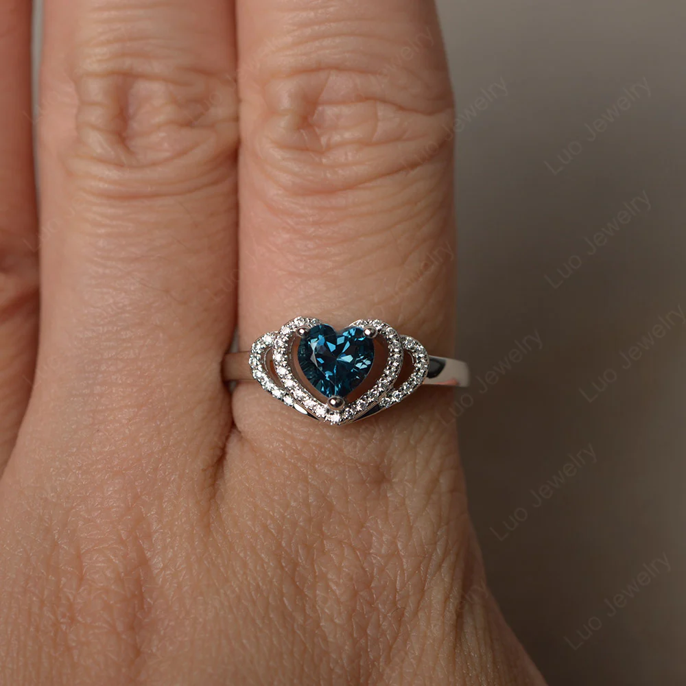 London Blue Topaz Double Halo Heart Ring - Image 3