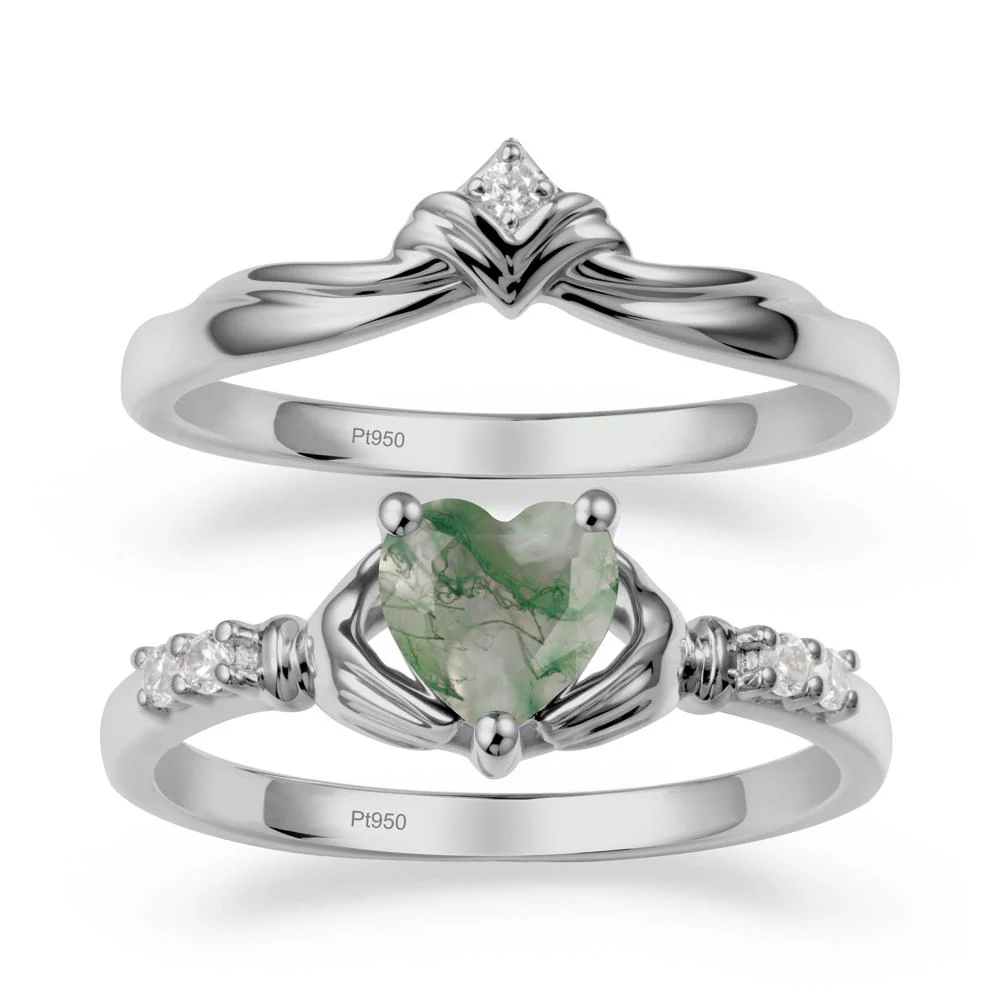 Heart Shaped Moss Agate Claddagh Wedding Band Sets