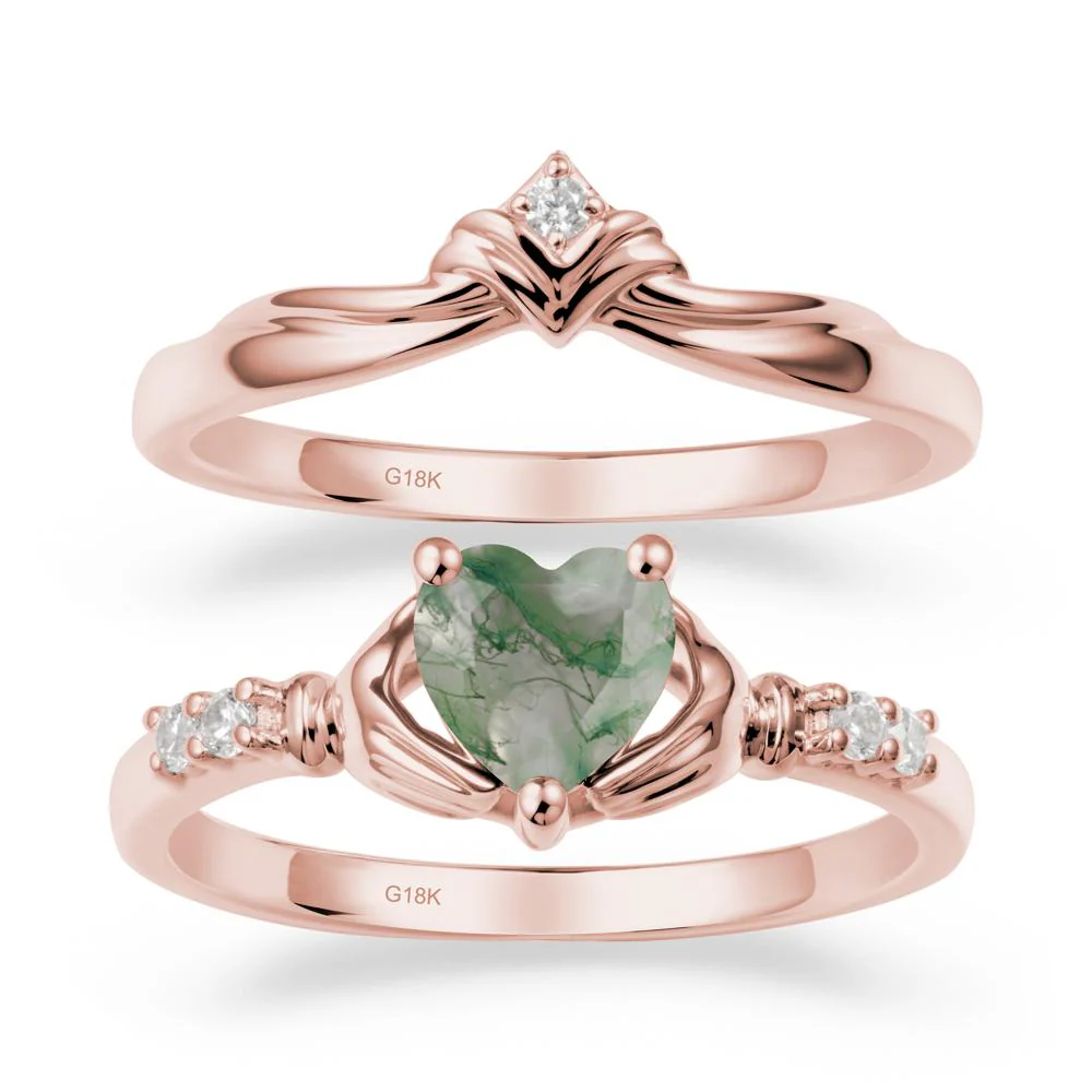 Heart Shaped Moss Agate Claddagh Wedding Band Sets - Image 5