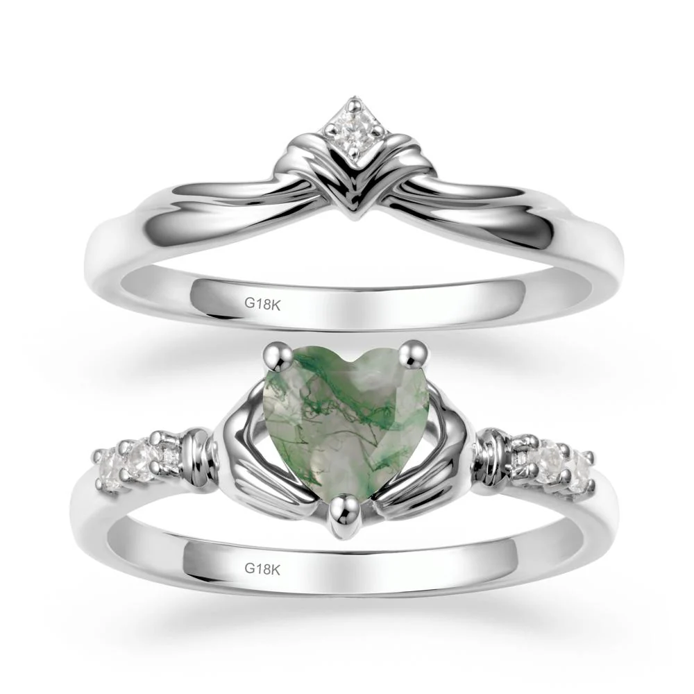 Heart Shaped Moss Agate Claddagh Wedding Band Sets - Image 6