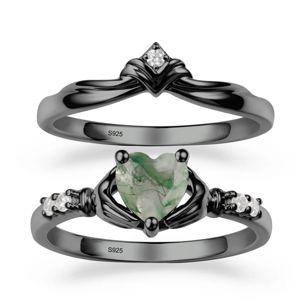Heart Shaped Moss Agate Claddagh Wedding Band Sets - Image 8