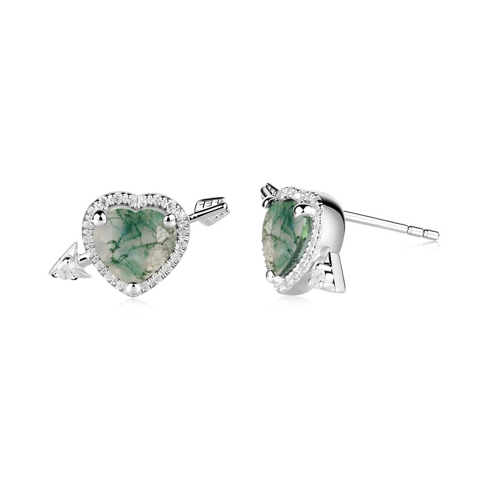 Heart Shaped Moss Agate Cupid's Arrow Stud Earrings - Image 3