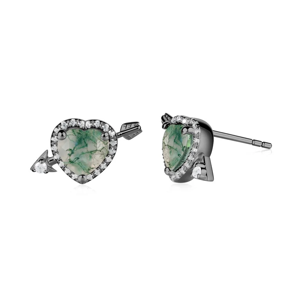 Heart Shaped Moss Agate Cupid's Arrow Stud Earrings - Image 7