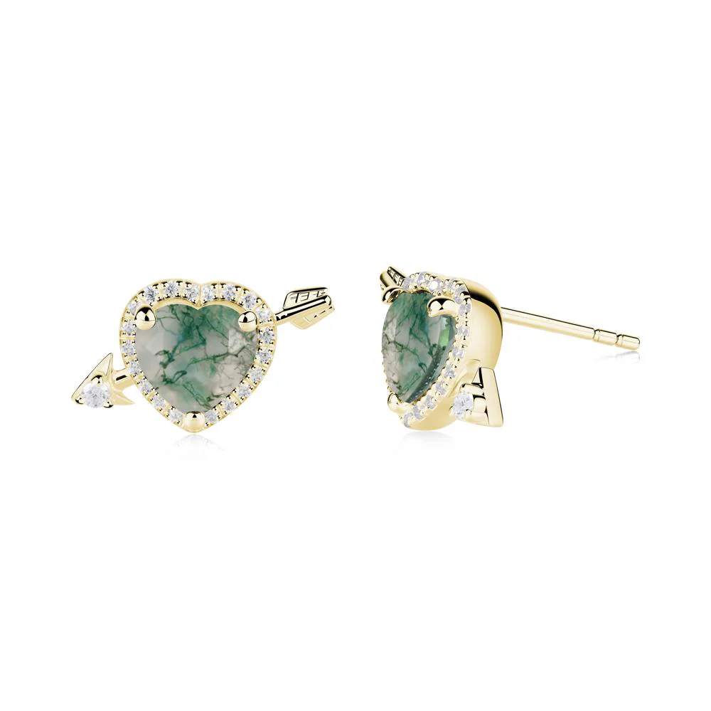 Heart Shaped Moss Agate Cupid's Arrow Stud Earrings - Image 8