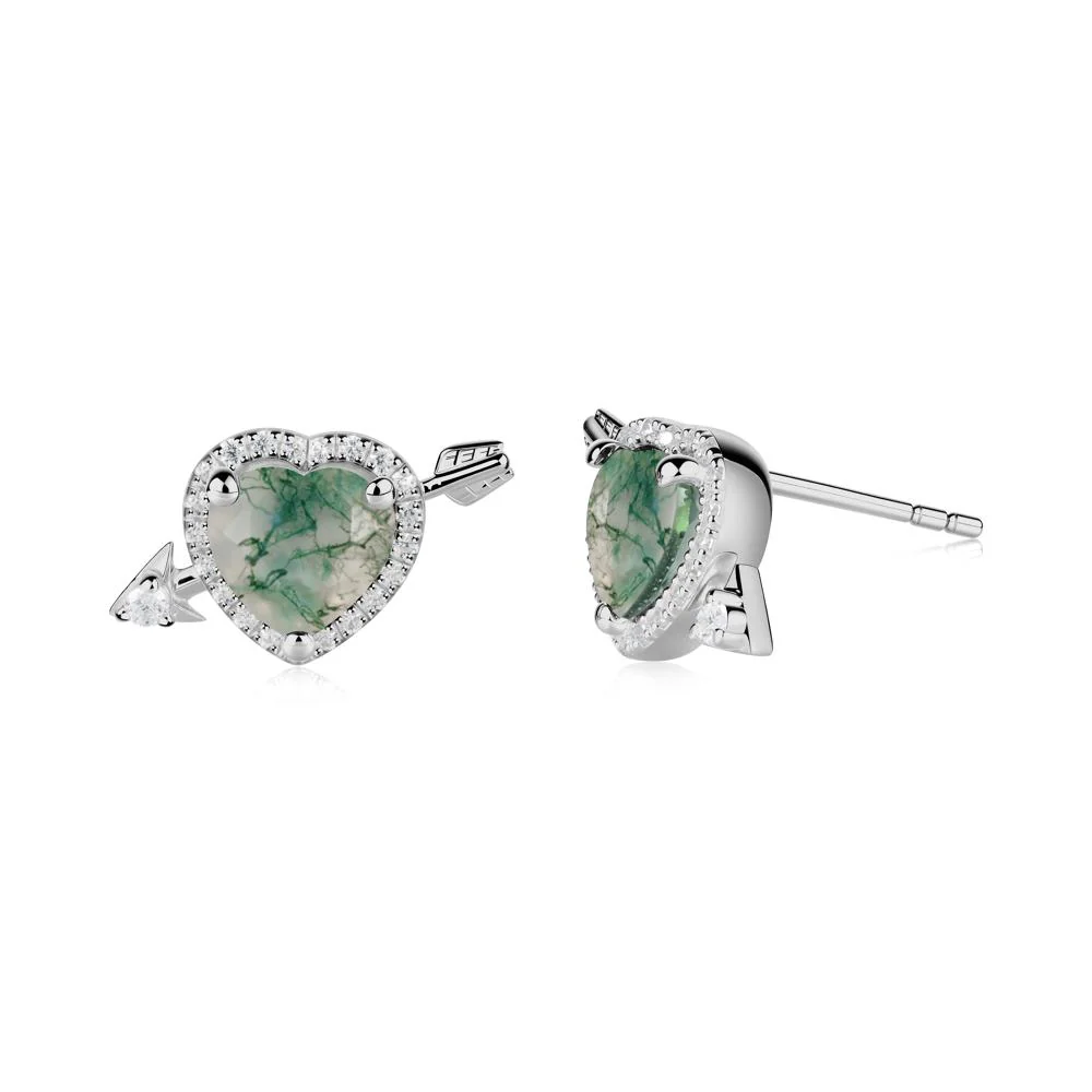 Heart Shaped Moss Agate Cupid's Arrow Stud Earrings - Image 9