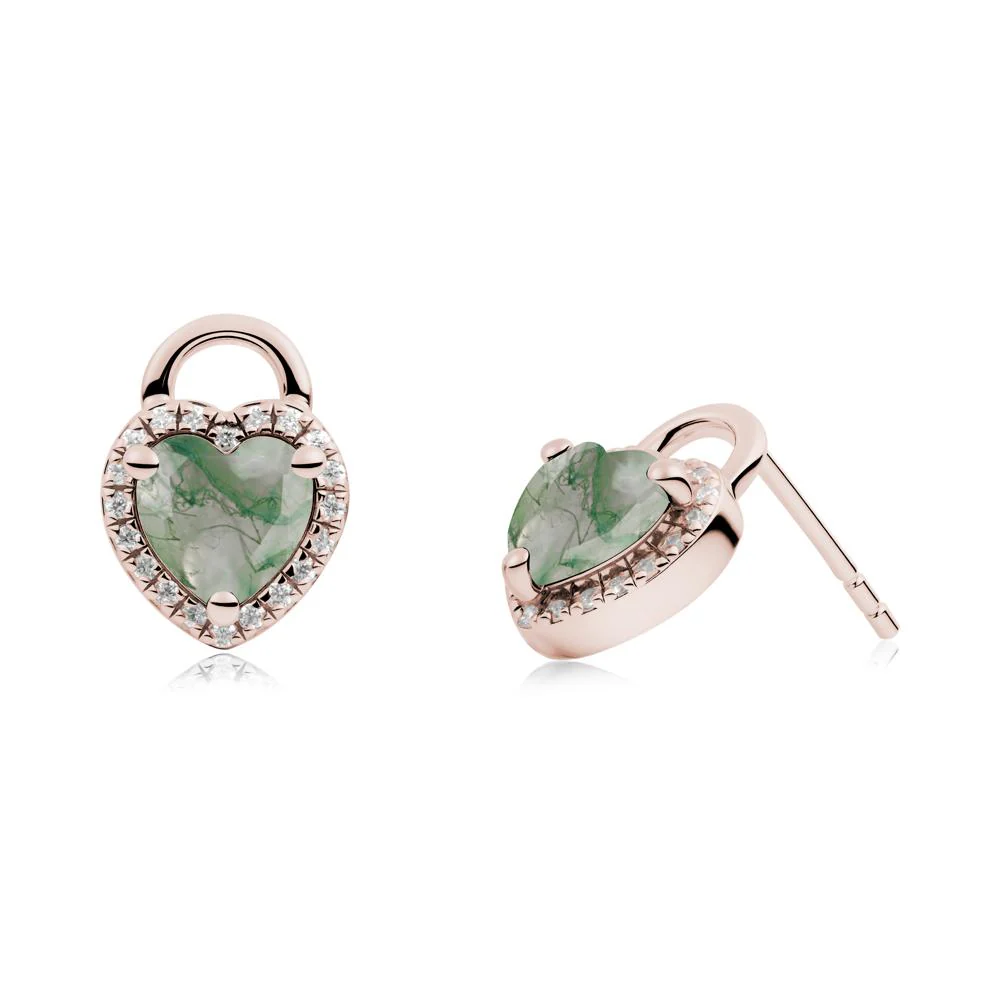 Heart Shaped Moss Agate Halo Stud Earrings - Image 6