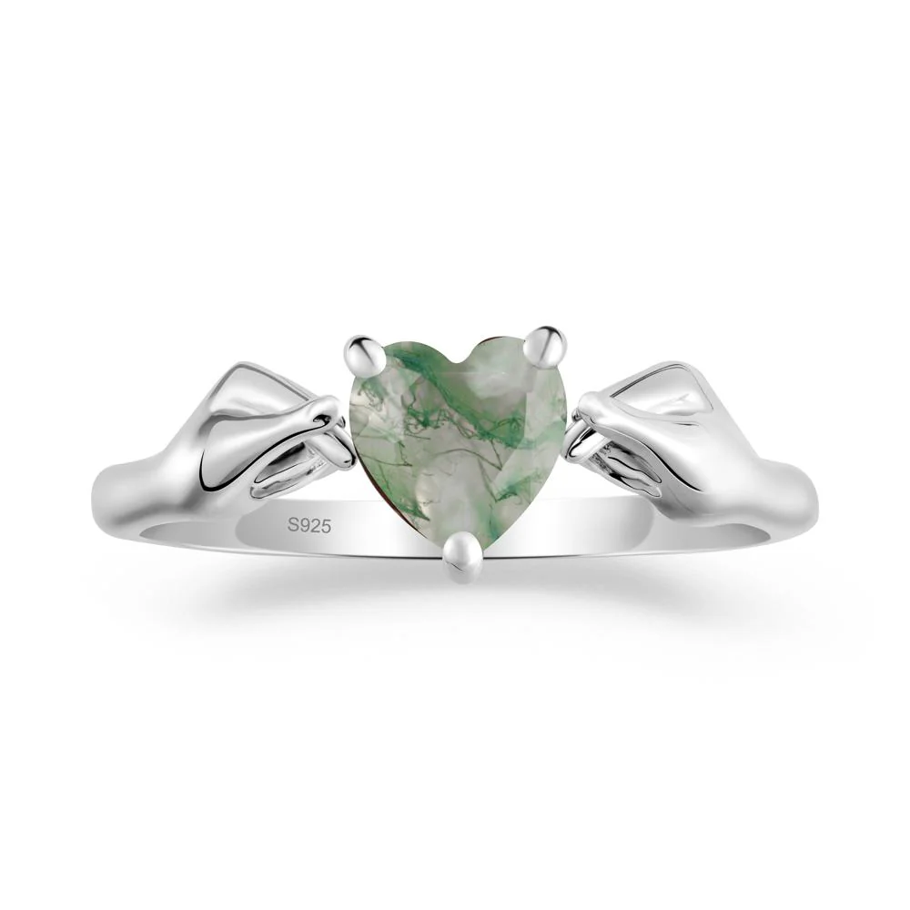 Heart Shaped Moss Agate Ring with Finger Heart