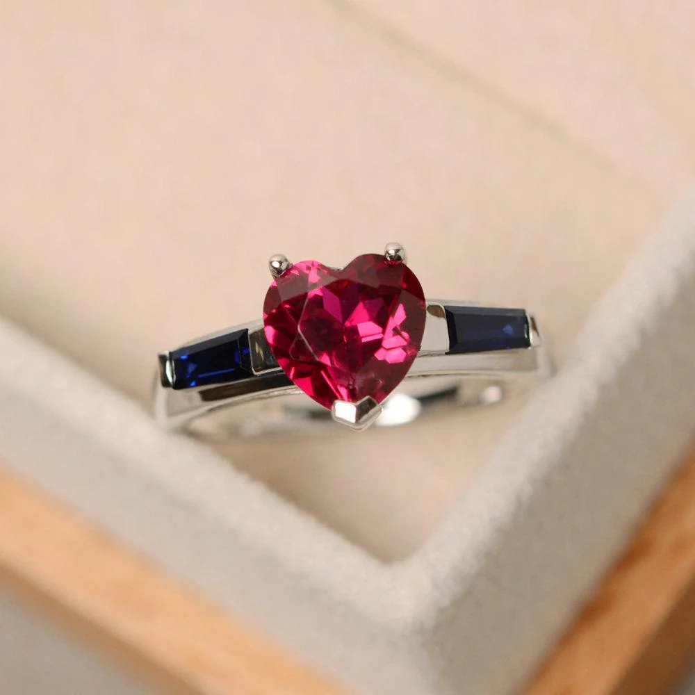 Heart Shaped Ruby and Sapphire Ring with Baguette