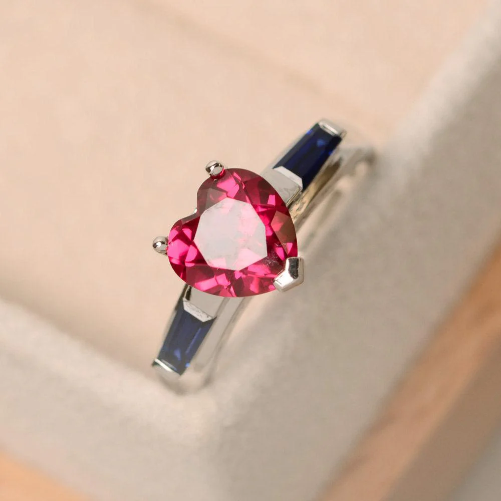 Heart Shaped Ruby and Sapphire Ring with Baguette - Image 2