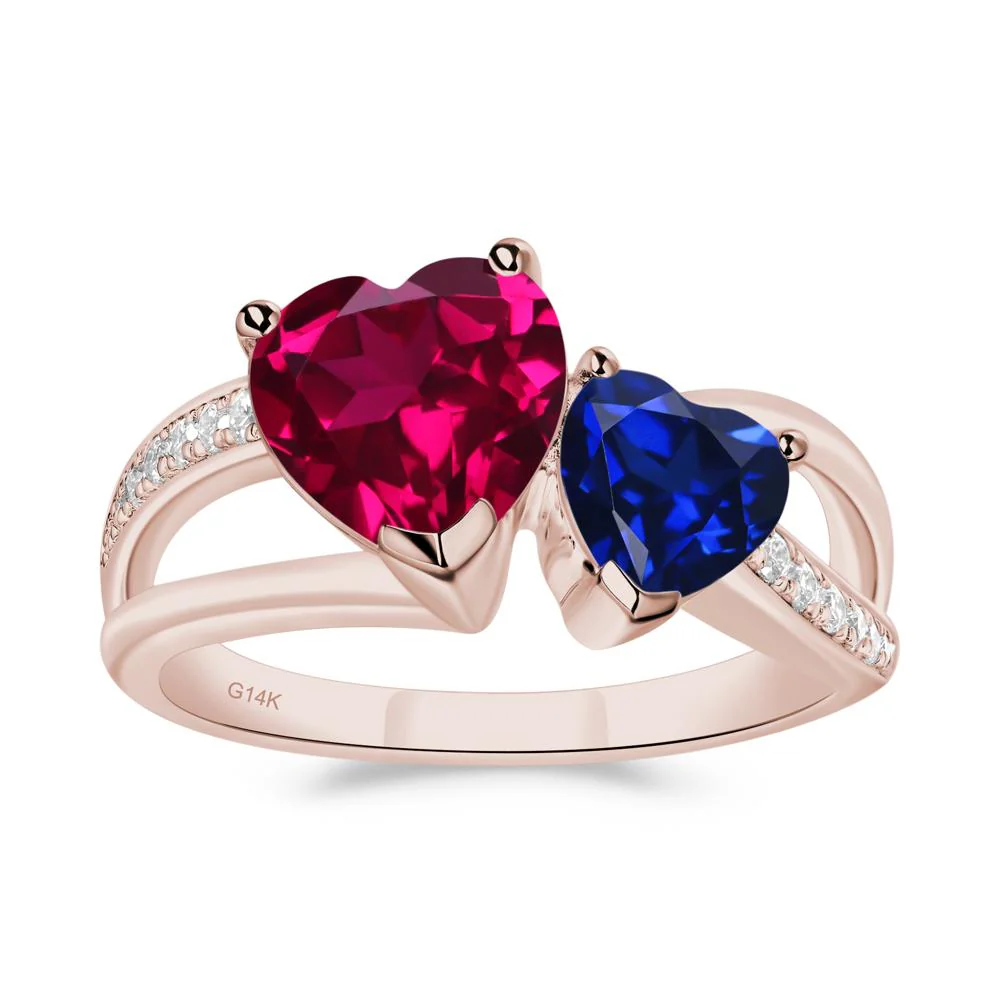 Ruby and Sapphire Two Heart Ring - Image 2