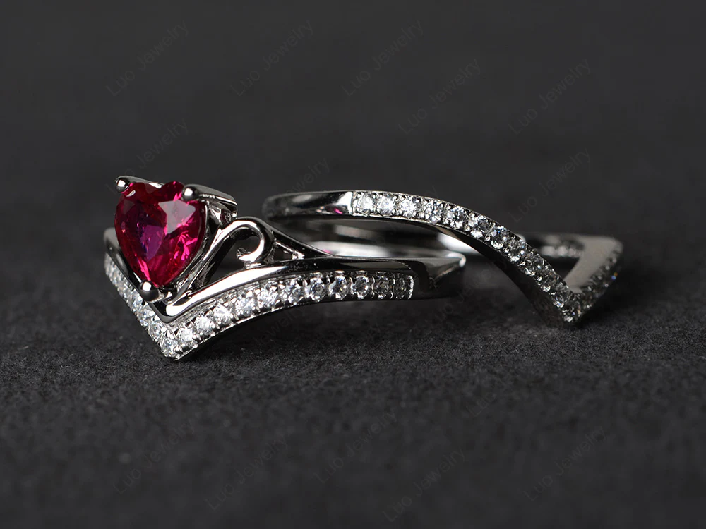 Heart Shaped Ruby Bridal Set Ring - Image 2