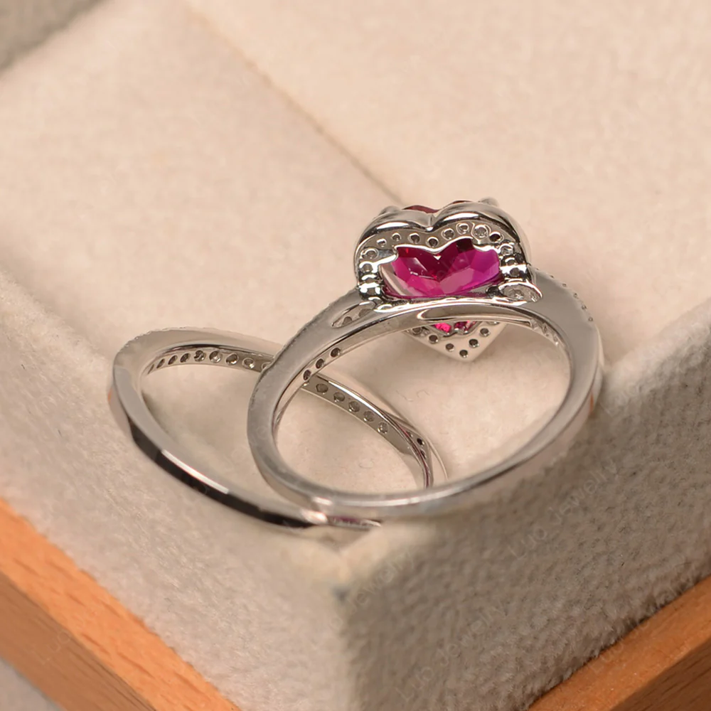 Heart Shaped Ruby Wedding Ring Set - Image 3