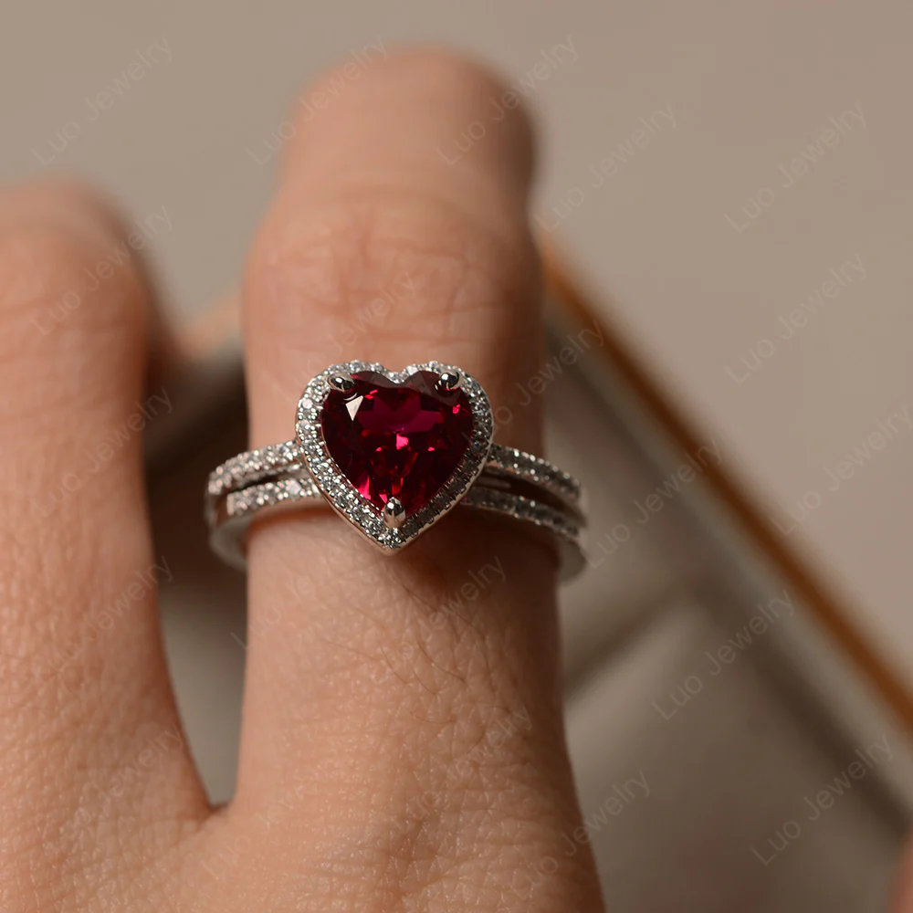 Heart Shaped Ruby Wedding Ring Set - Image 4
