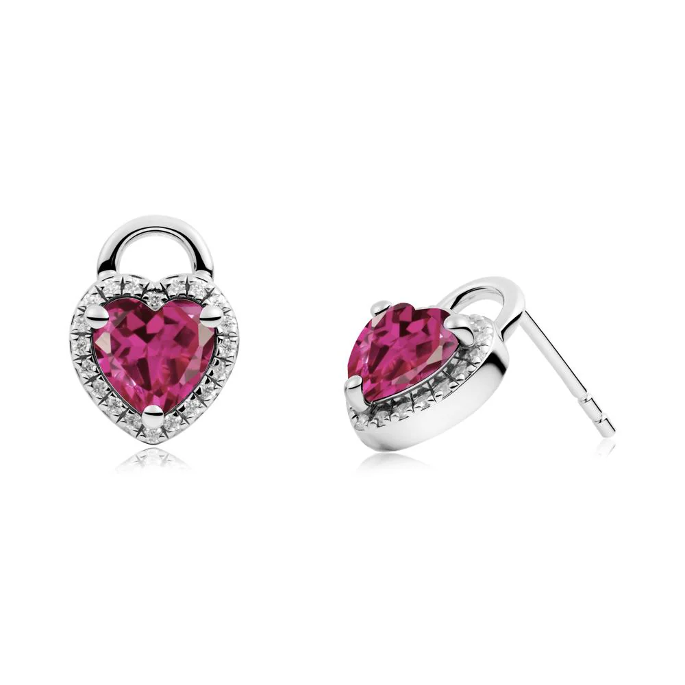 Heart Shaped Ruby Halo Stud Earrings - Image 5
