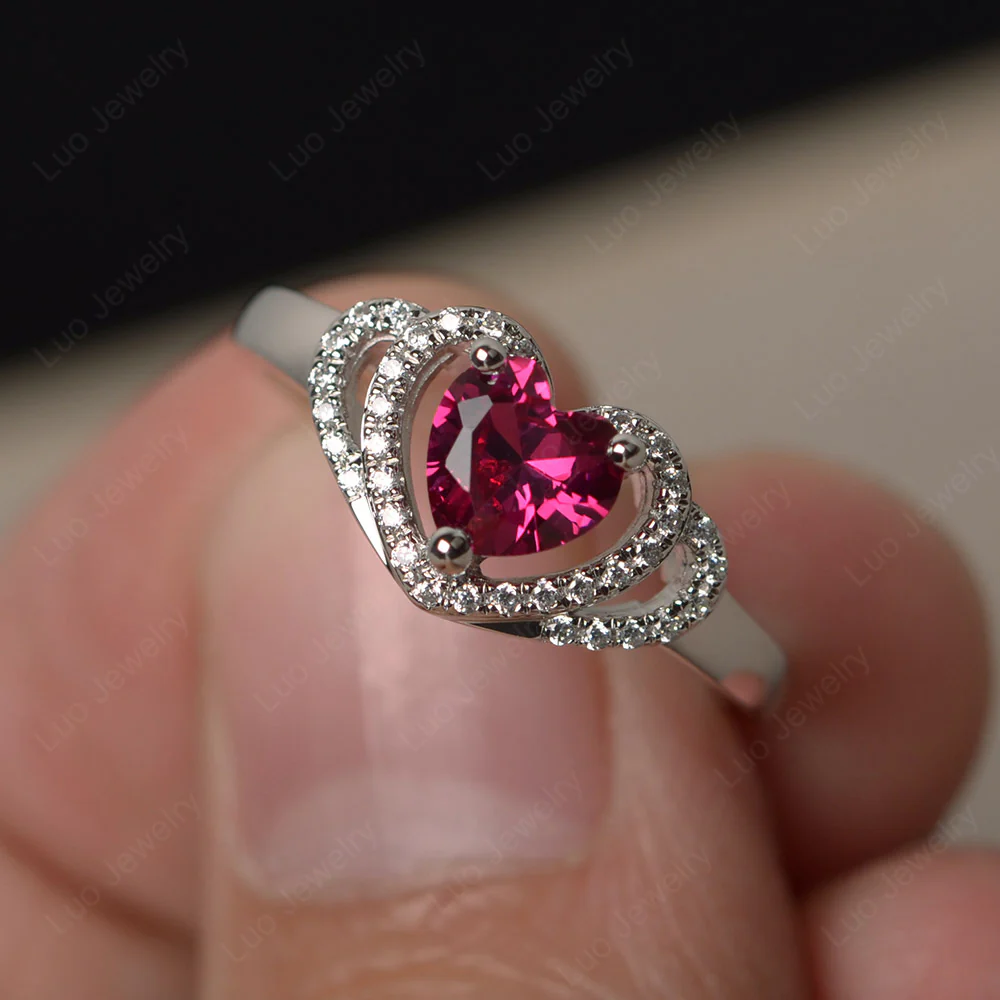 Ruby Double Halo Heart Ring