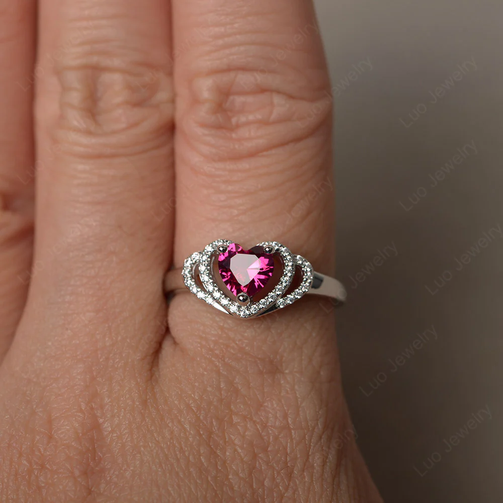 Ruby Double Halo Heart Ring - Image 3