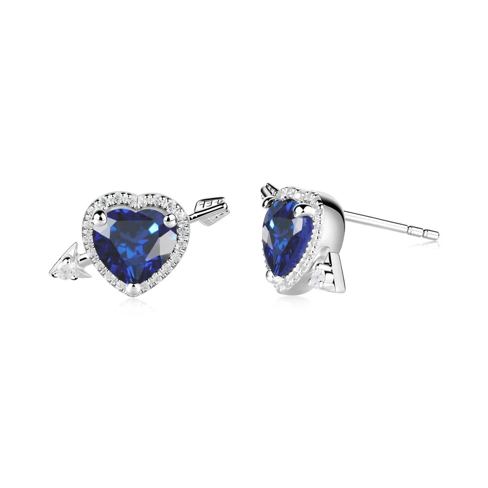 Heart Shaped Sapphire Cupid's Arrow Stud Earrings - Image 4