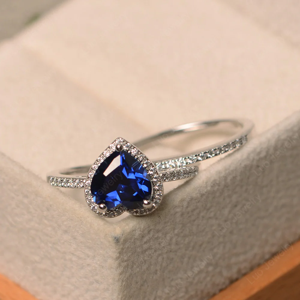 Heart Shaped Sapphire Halo Bridal Ring Set - Image 2