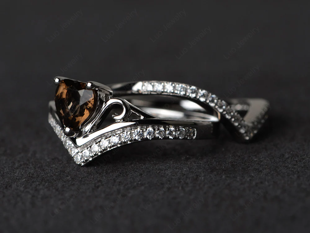 Heart Shaped Smoky Quartz Bridal Set Ring - Image 2