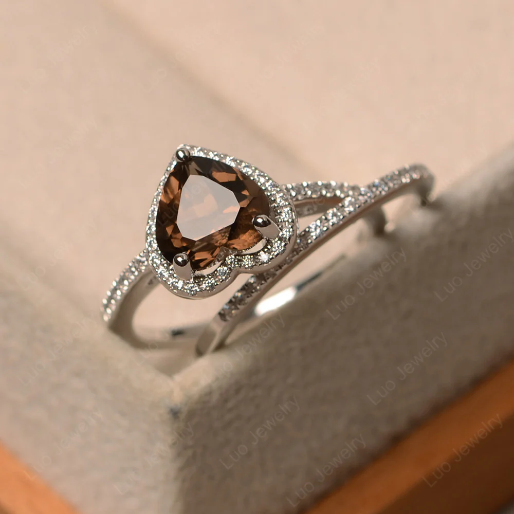 Heart Shaped Smoky Quartz Wedding Ring Set