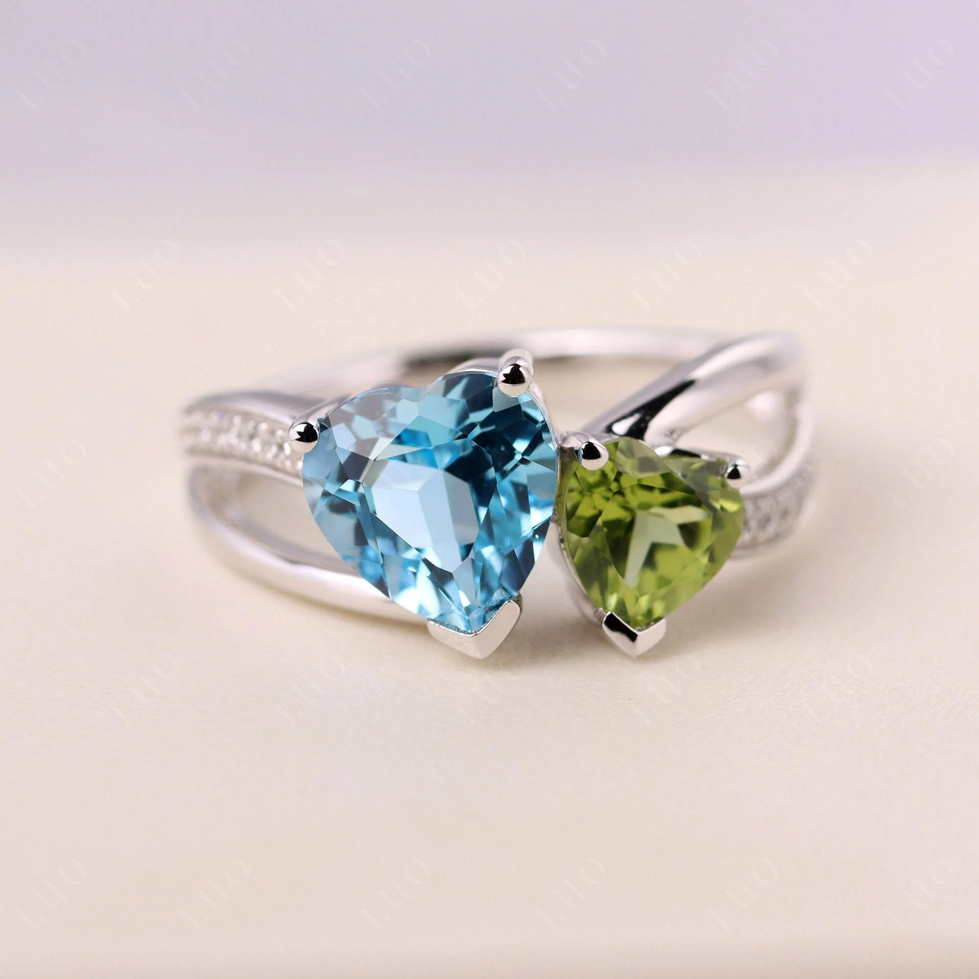 Swiss Blue Topaz and Peridot Heart Toi Et Moi Ring - Image 29