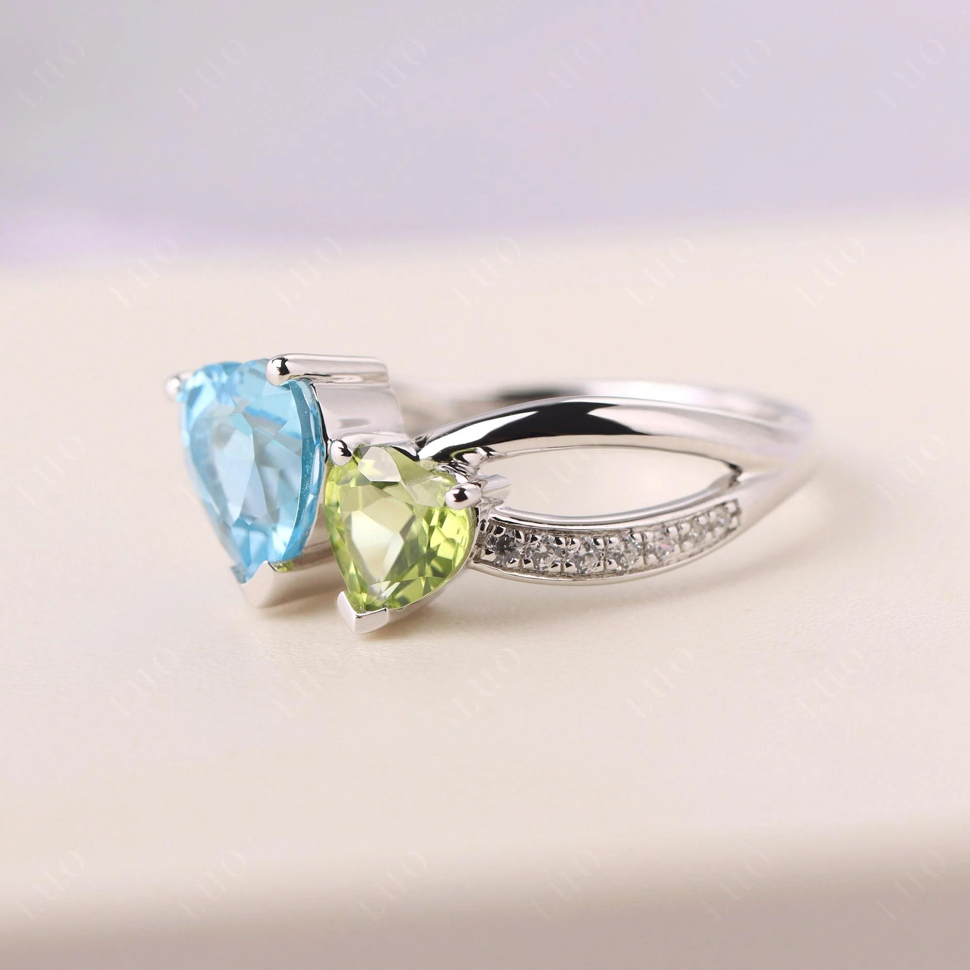 Swiss Blue Topaz and Peridot Heart Toi Et Moi Ring - Image 30