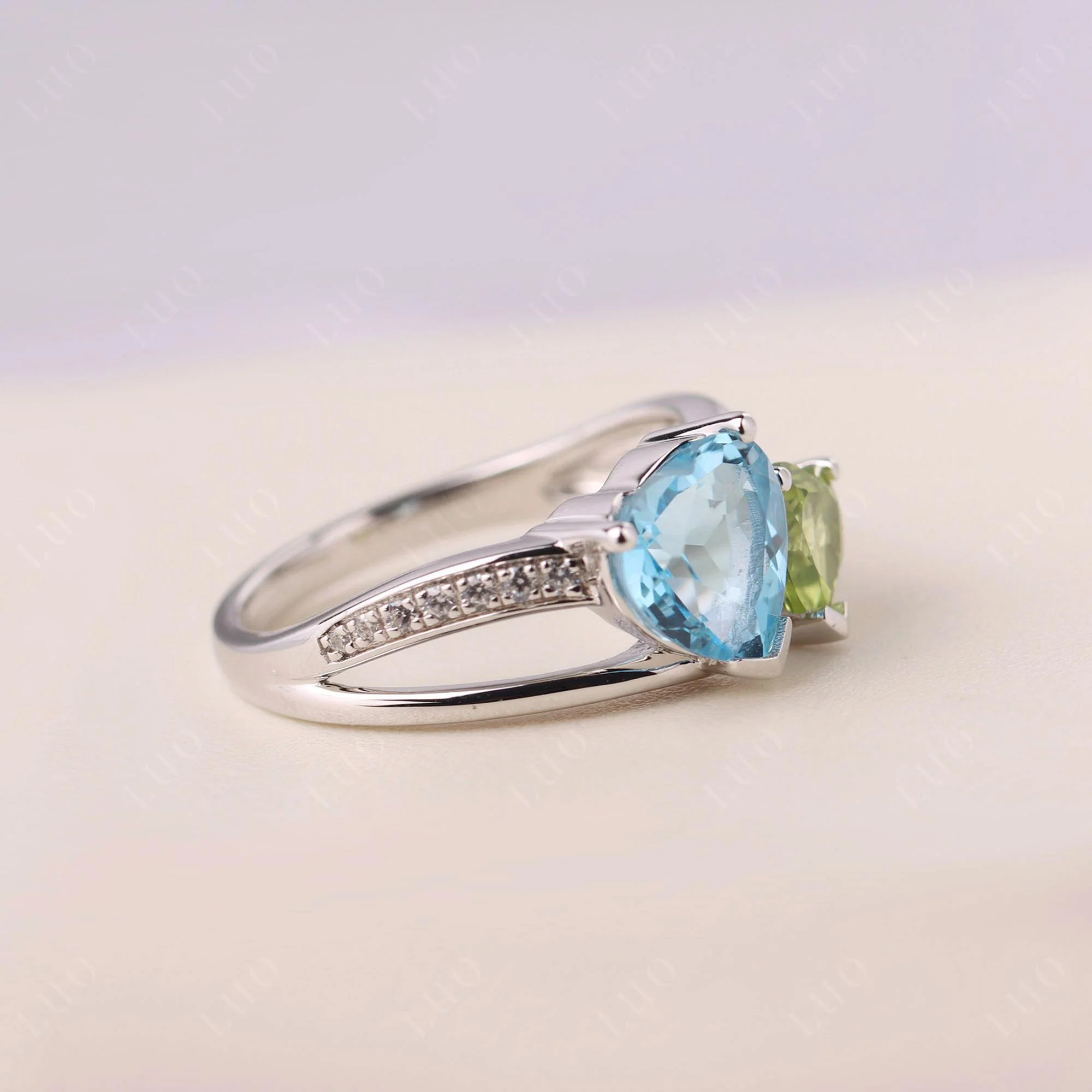 Swiss Blue Topaz and Peridot Heart Toi Et Moi Ring - Image 32