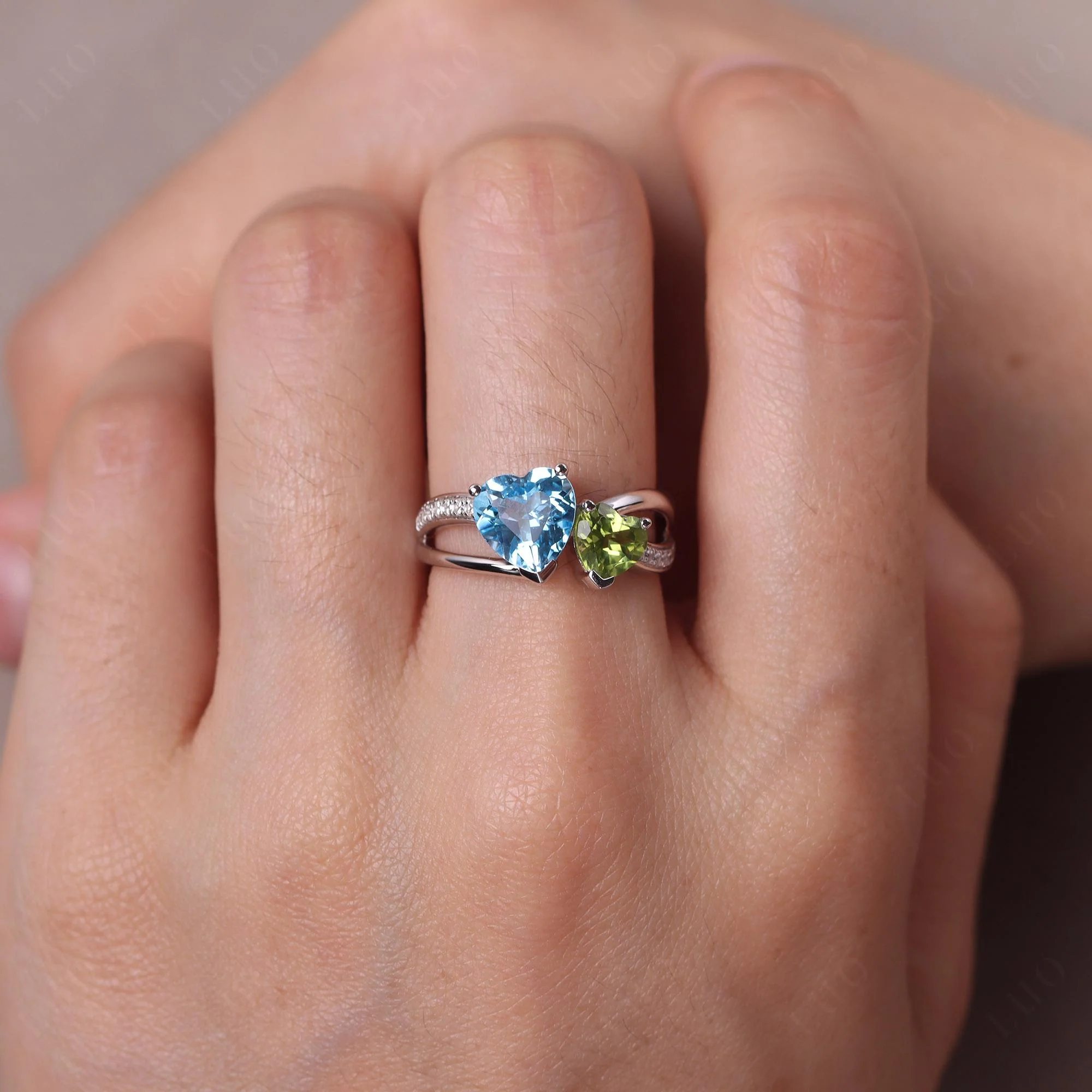 Swiss Blue Topaz and Peridot Heart Toi Et Moi Ring - Image 33