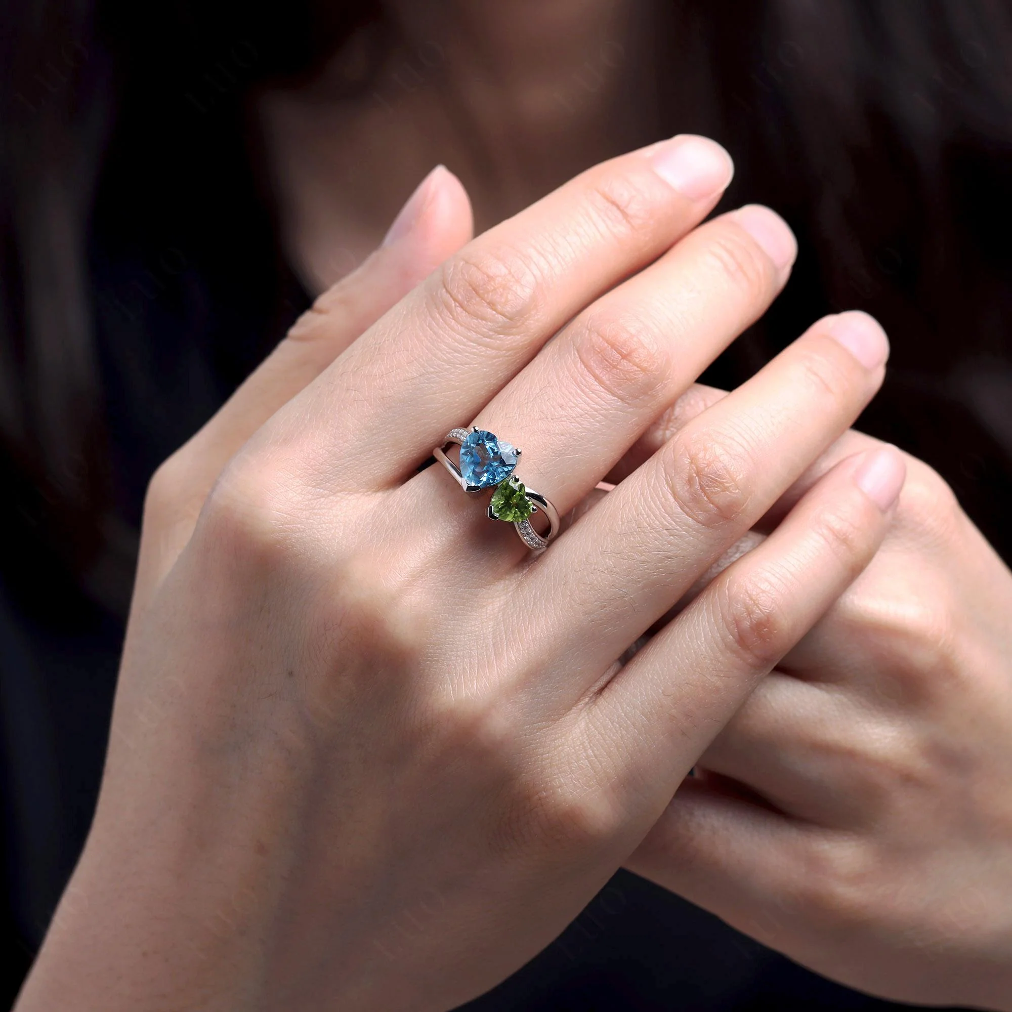 Swiss Blue Topaz and Peridot Heart Toi Et Moi Ring - Image 34