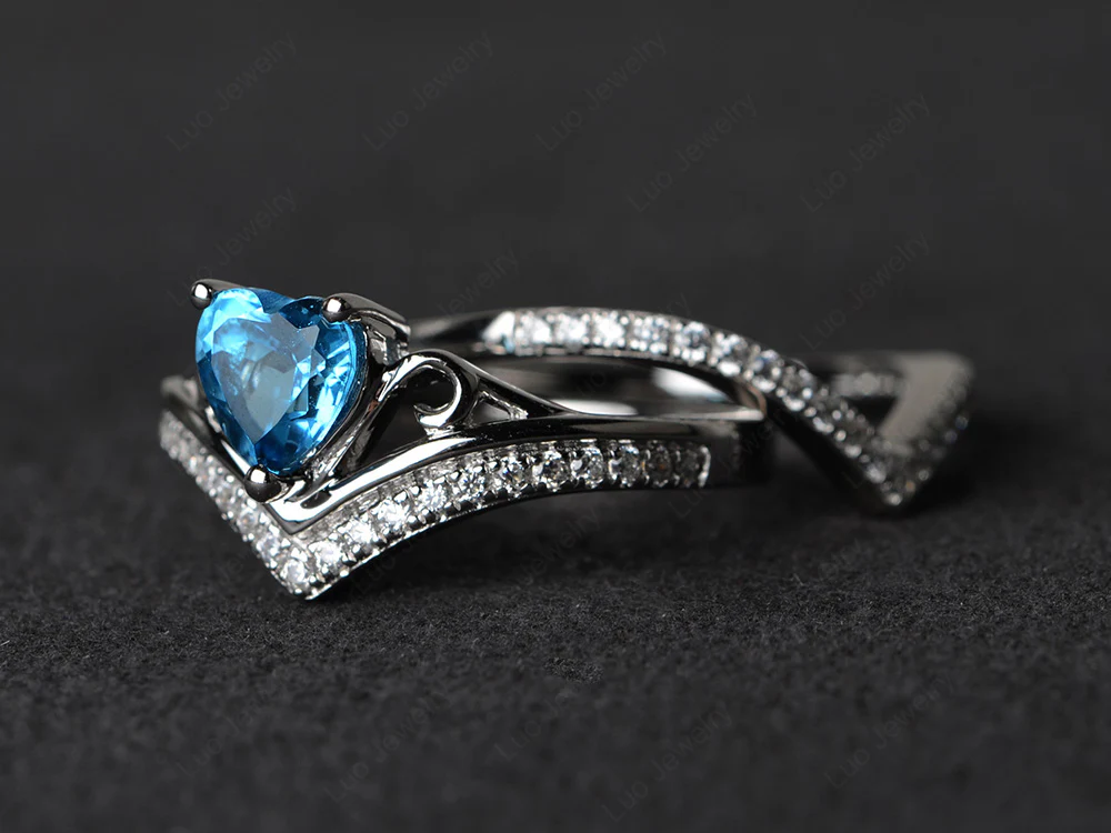 Heart Shaped Swiss Blue Topaz Bridal Set Ring - Image 2