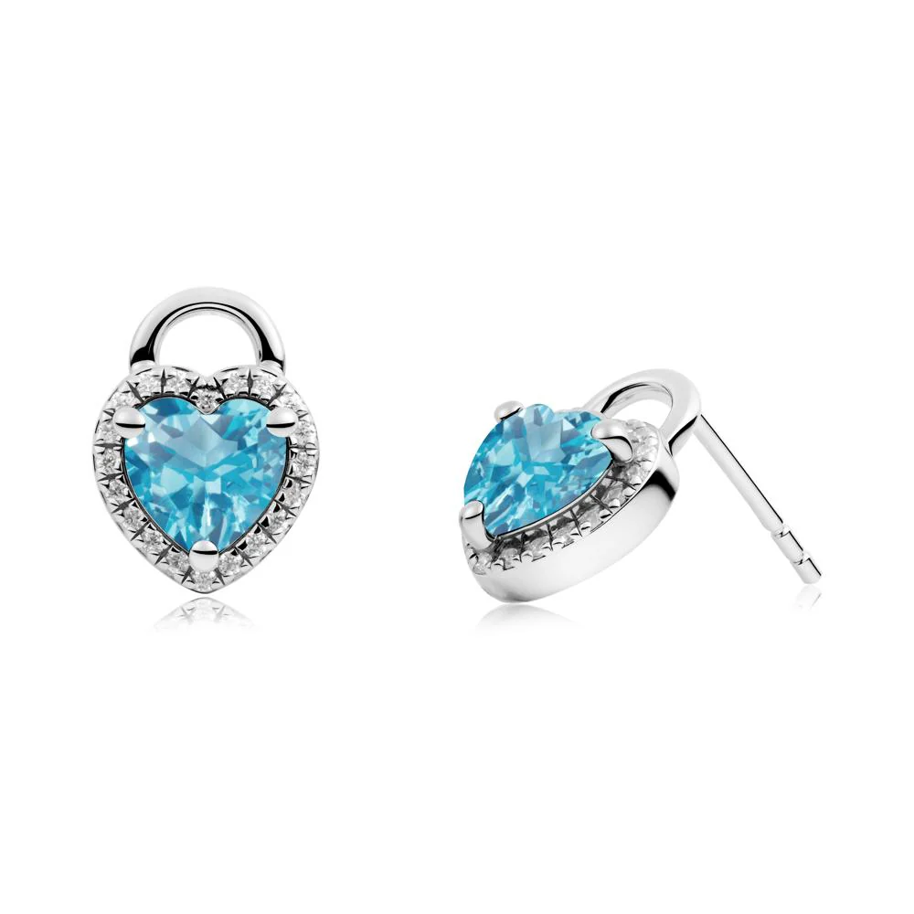 Heart Shaped Swiss Blue Topaz Halo Stud Earrings - Image 4