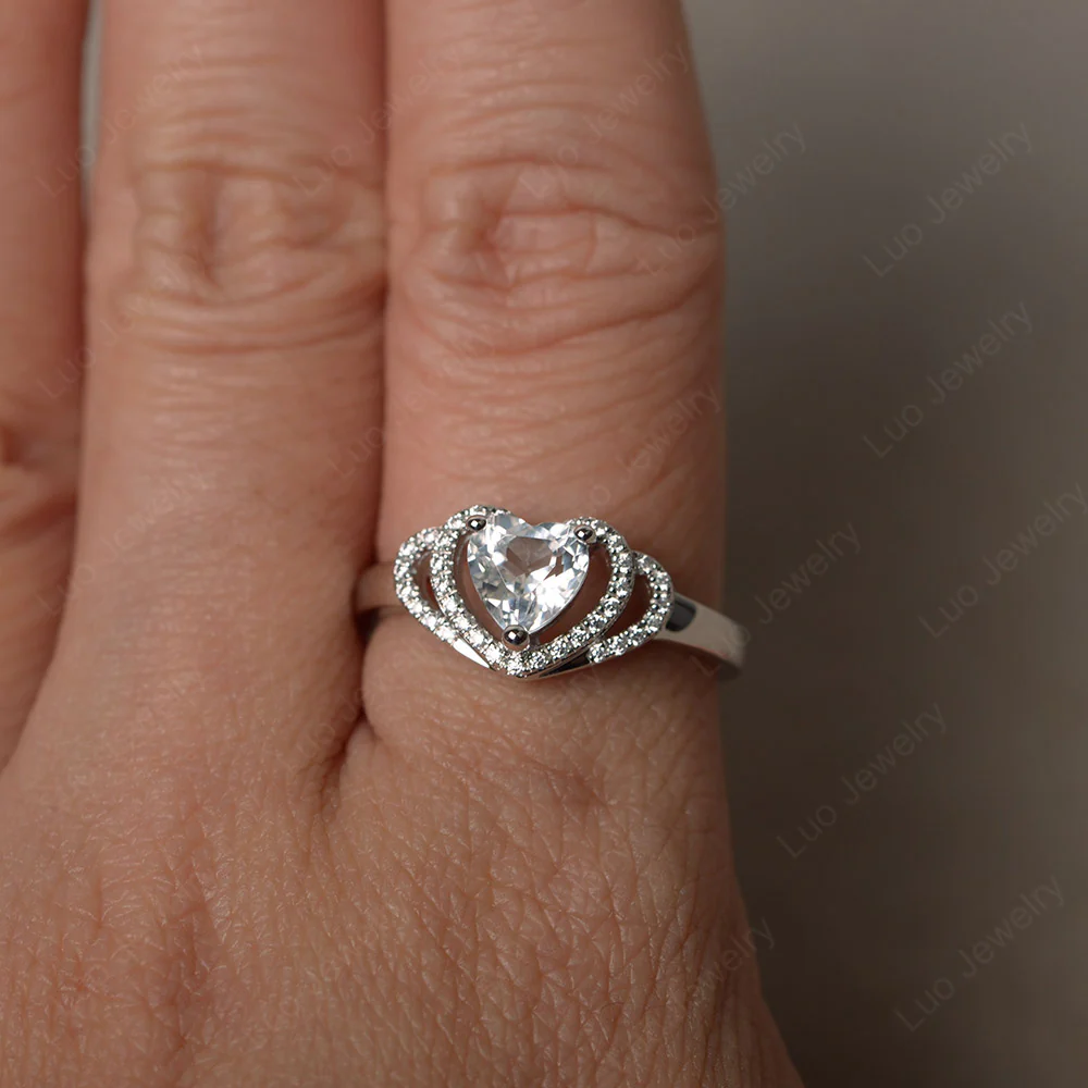White Topaz Double Halo Heart Ring - Image 3