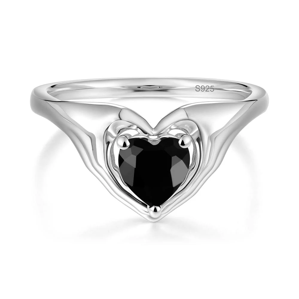 Heart Shapped Black Spinel Claddagh Ring - Image 2