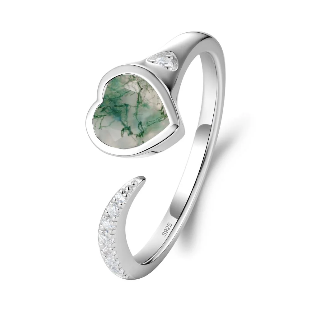 Heart Shapped Moss Agate Open Ring - Image 5
