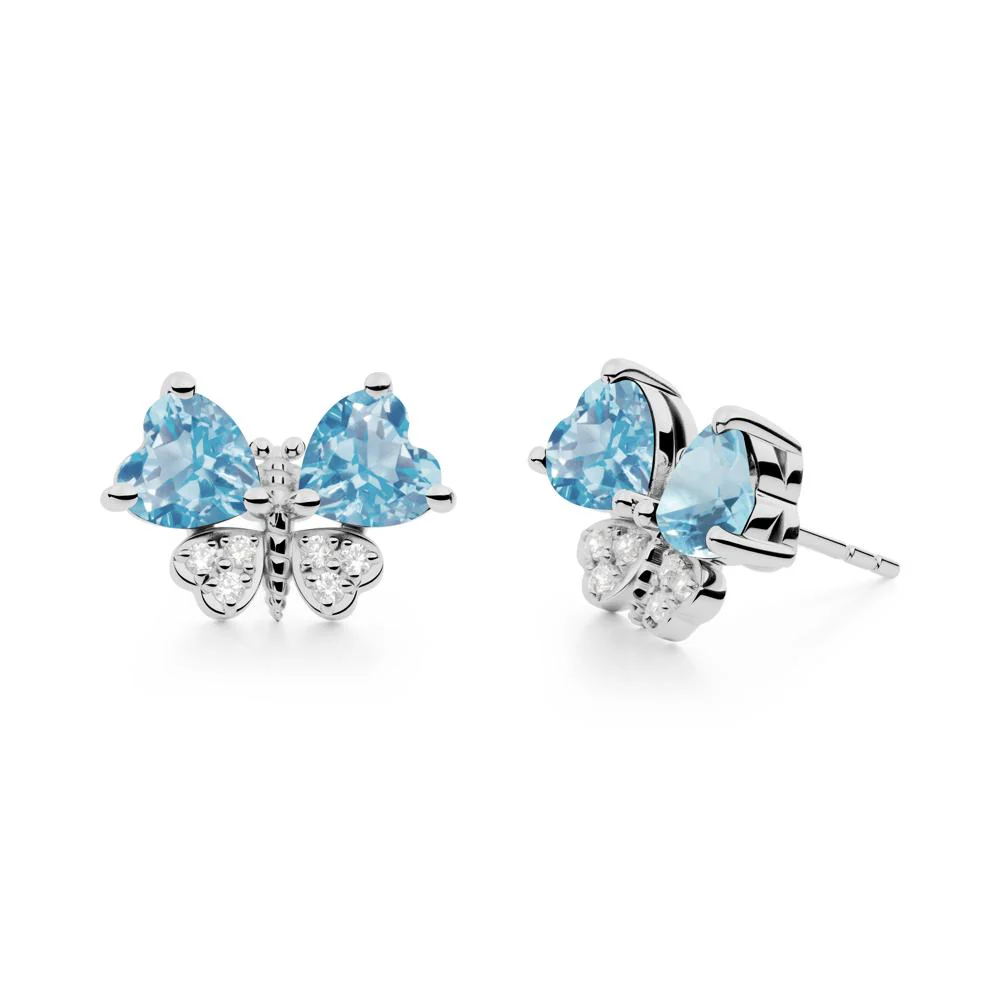 Heart Swiss Blue Topaz Wings Butterfly Stud Earrings