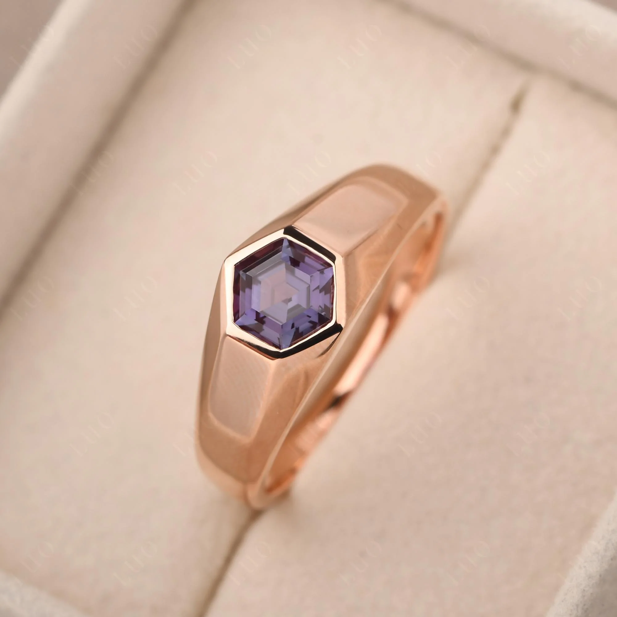 Hexagon Alexandrite Bezel Men's Ring - Image 10