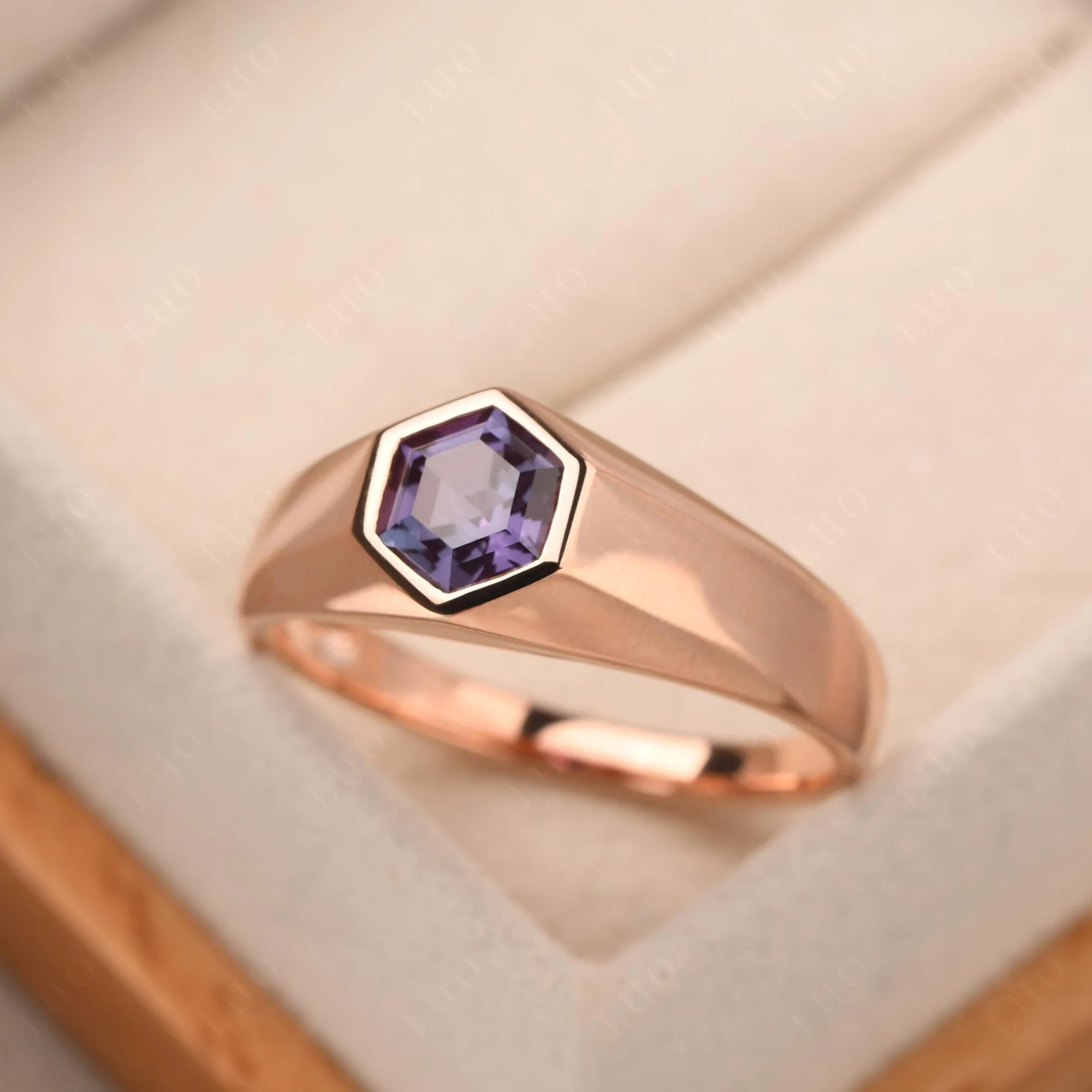 Hexagon Alexandrite Bezel Men's Ring - Image 11
