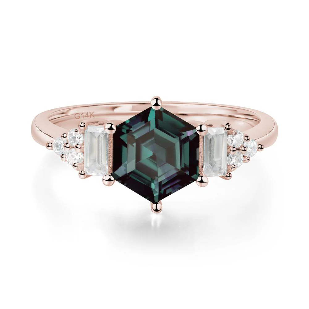 Hexagon Alexandrite Ring with Baguette