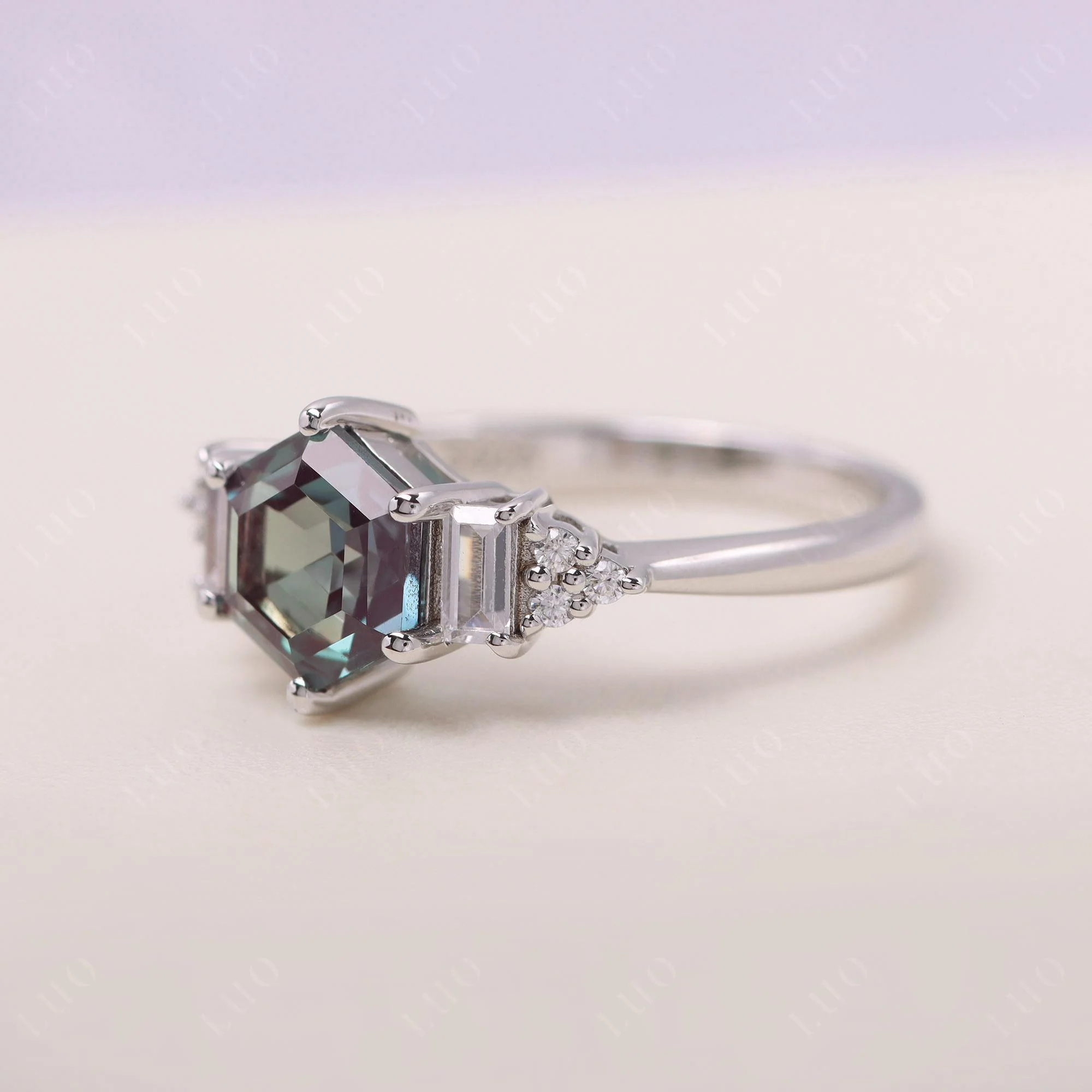 Hexagon Alexandrite Ring with Baguette - Image 11