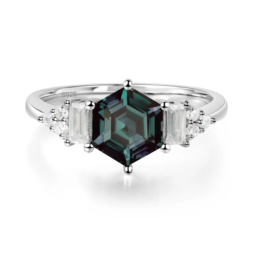 Hexagon Alexandrite Ring with Baguette - Image 9