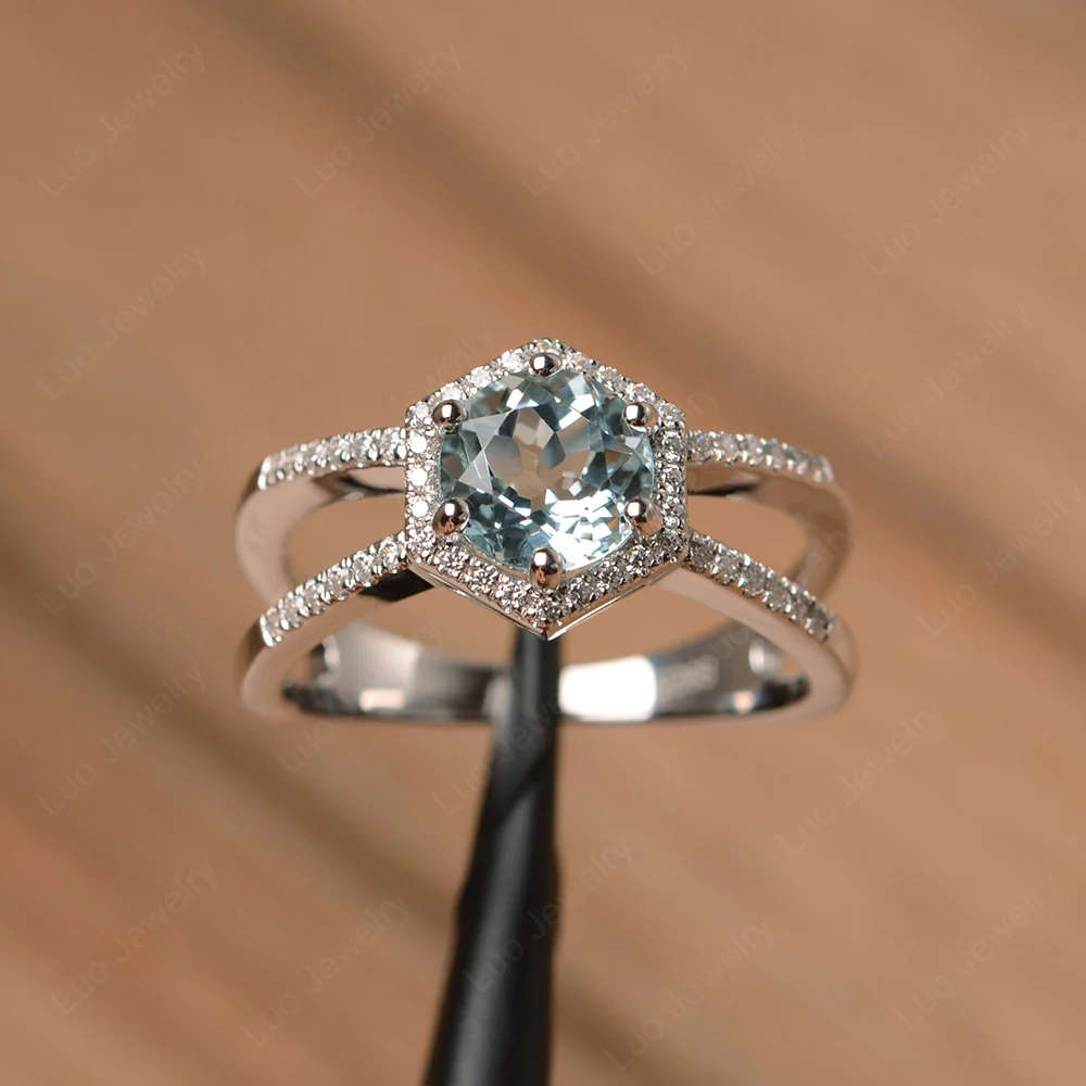 Aquamarine Hexagon Engagement Ring