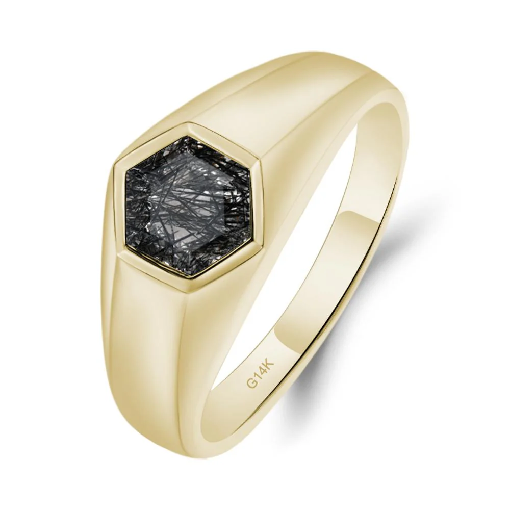 Hexagon Black Rutilated Quartz Bezel Men's Ring - Image 2