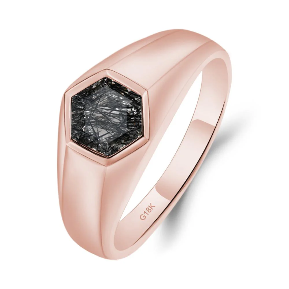 Hexagon Black Rutilated Quartz Bezel Men's Ring - Image 4