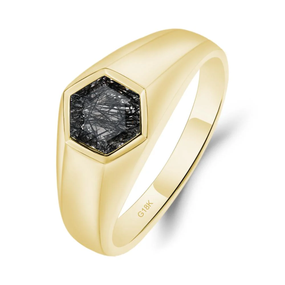 Hexagon Black Rutilated Quartz Bezel Men's Ring - Image 5