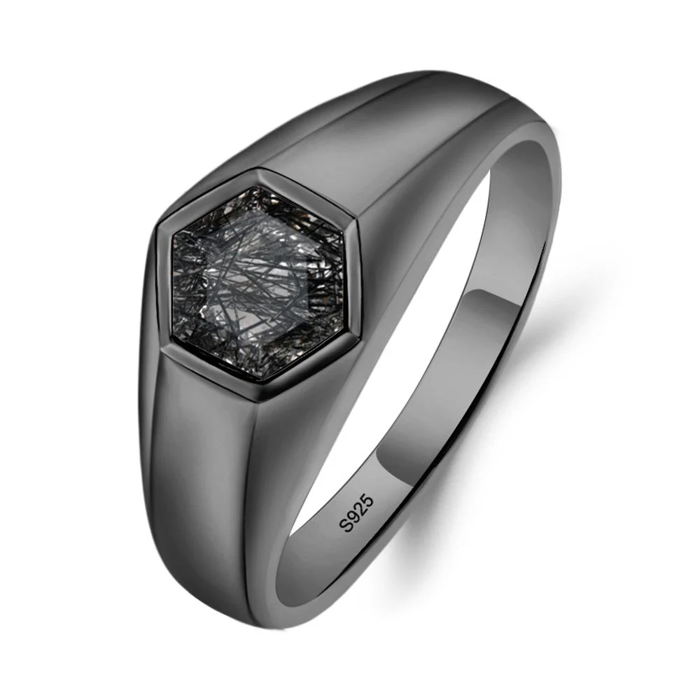 Hexagon Black Rutilated Quartz Bezel Men's Ring - Image 6