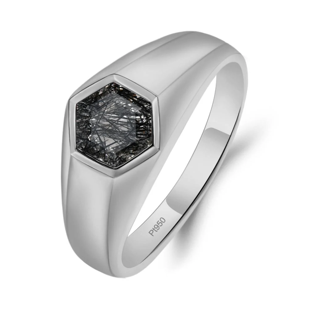 Hexagon Black Rutilated Quartz Bezel Men's Ring - Image 7